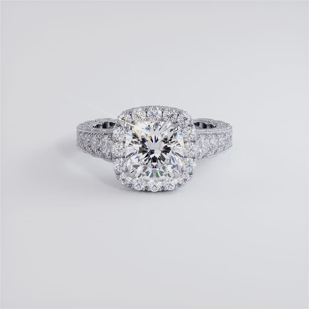 2 Carat Cushion Cut Filigree Vintage Style Halo