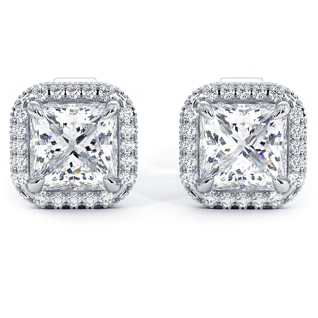 2.67 Carat J-SI1 Princess Cut Pave Halo Diamond Studs Earrings 18k White Gold