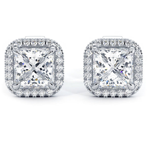 2.67ctw Princess Cut Pave Halo Diamond Studs Earrings 18k White Gold