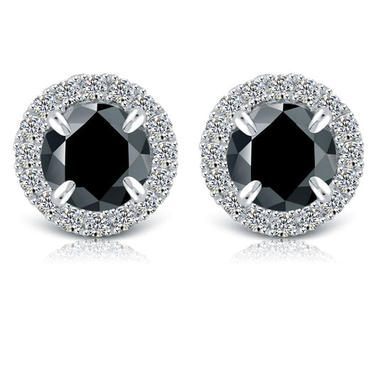 1.35 Carat Fancy Black Diamond Pave Halo Diamond Studs Earrings 18k White Gold