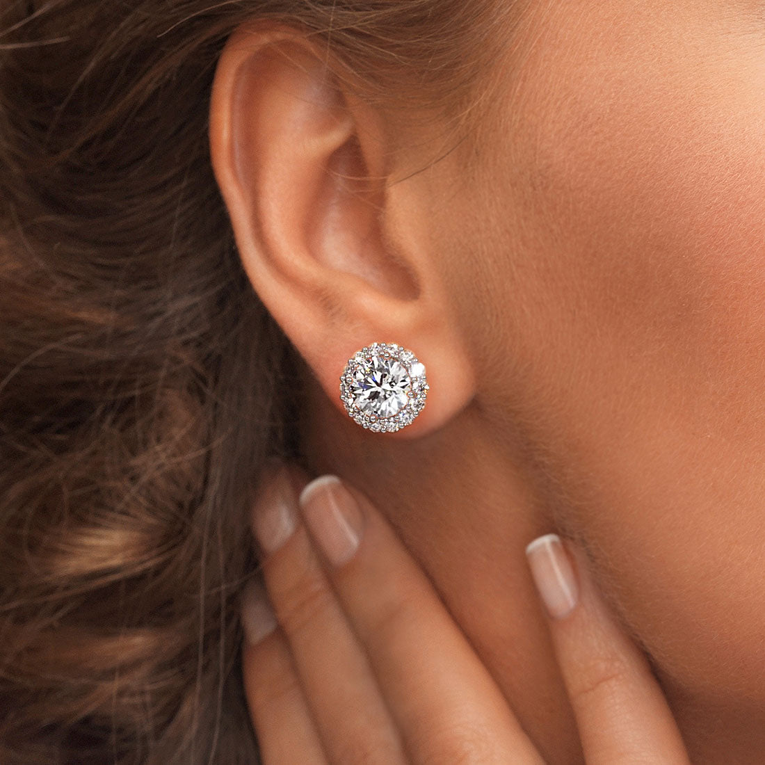 6.35 Carat G-SI Pave Halo Diamond Studs Earrings 18k White Gold