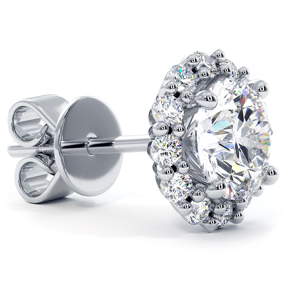 2.10 Carat F-SI Pave Halo Diamond Studs Earrings 18k White Gold