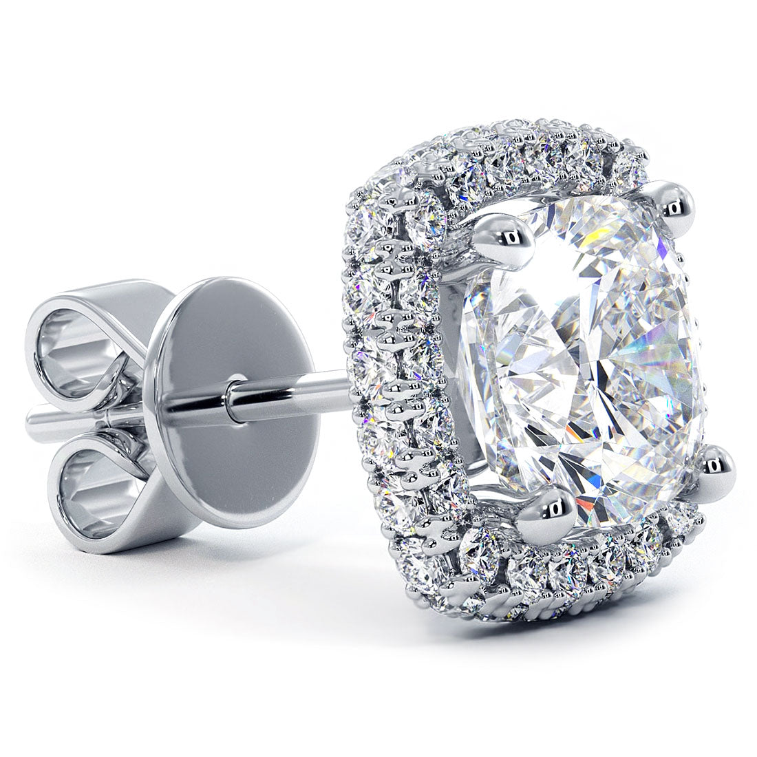 2.65 Carat F-SI Cushion Cut Pave Halo Diamond Studs Earrings 18k White Gold