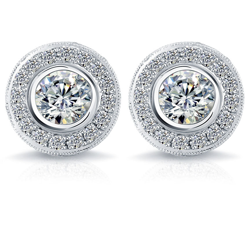 2.00 Carat G-SI1 Pave Halo Diamond Studs Earrings 14k White Gold Front