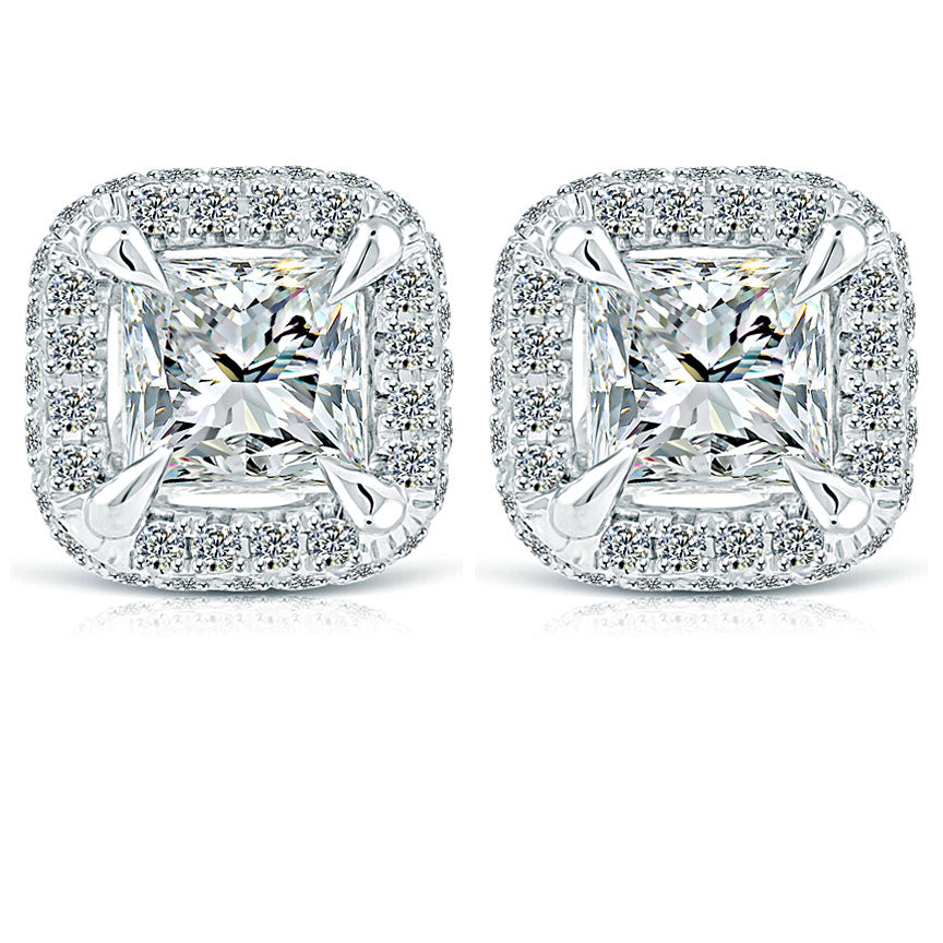 1.75 Carat E-VS1 Princess Cut Pave Halo Diamond Studs Earrings 18k White Gold