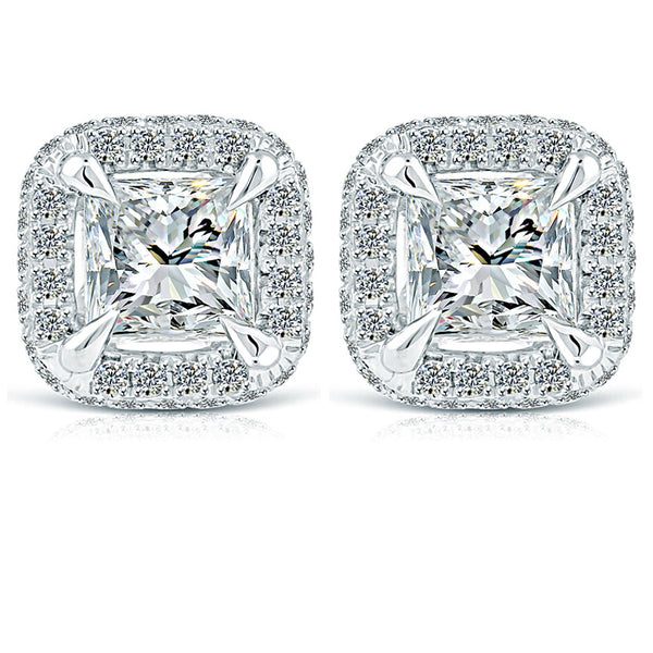 1.75ctw Princess Cut Pave Halo Diamond Studs Earrings 18k White Gold