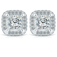 1.75 Carat E-VS1 Princess Cut Pave Halo Diamond Studs Earrings 18k White Gold