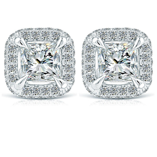 Princess Cut Diamond Stud Earrings 3+ Carat Each With Diamond Halo 18K Gold