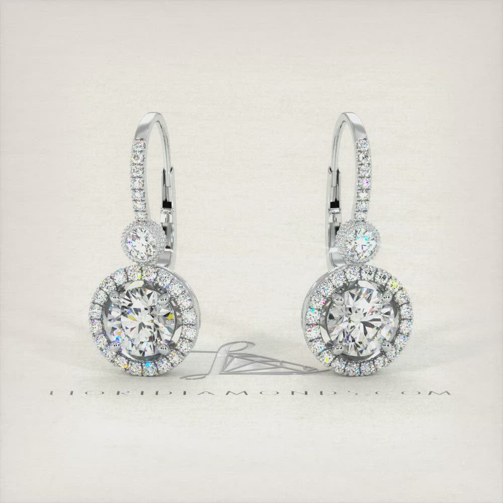 3.25 Carat Round Diamond Leverback Hanging Drop Earrings 18k White Gold