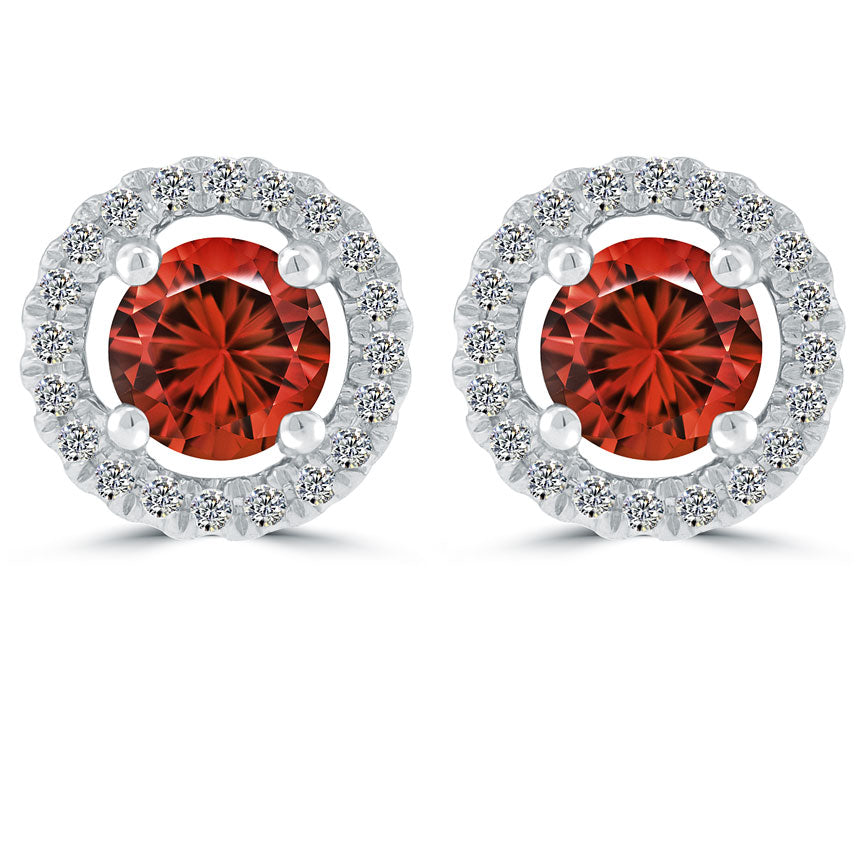 0.76 Carat Fancy Red Diamond Pave Halo Diamond Studs Earrings 18k White Gold