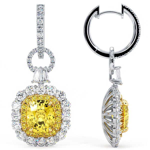 7.77 Carat Natural Fancy Yellow Cushion Cut Diamond Hanging Drop Earrings 18k