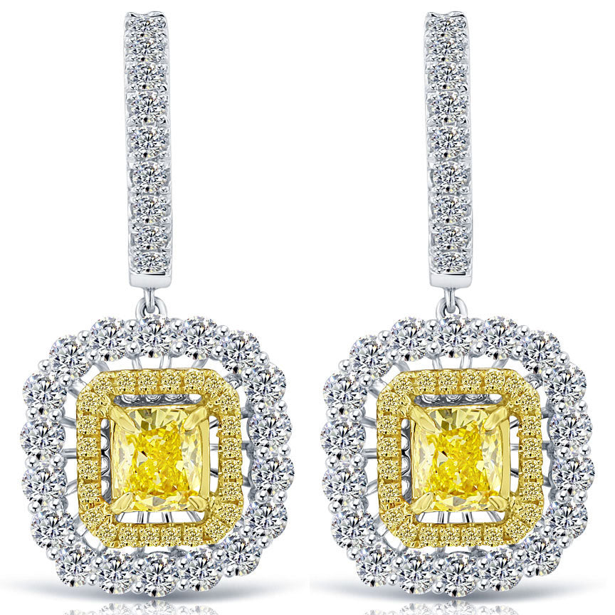 3.70 Carat Natural Fancy Yellow Cushion Cut Diamond Hanging Drop Earrings 18k