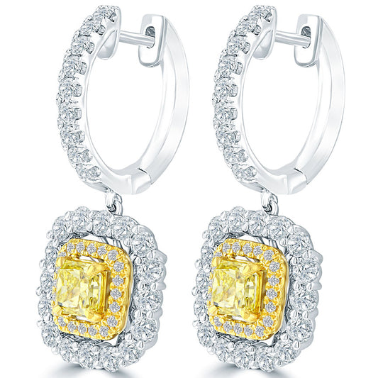3.10 Carat Natural Fancy Yellow Radiant Cut Diamond Hanging Drop Earrings 18k
