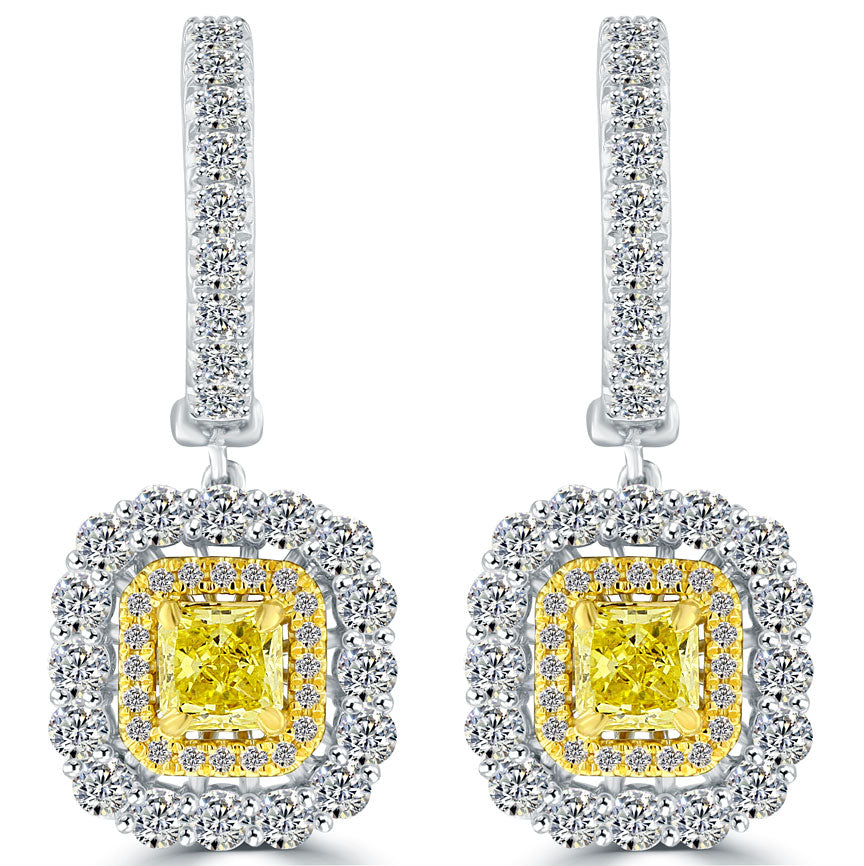3.10 Carat Natural Fancy Yellow Radiant Cut Diamond Hanging Drop Earrings 18k