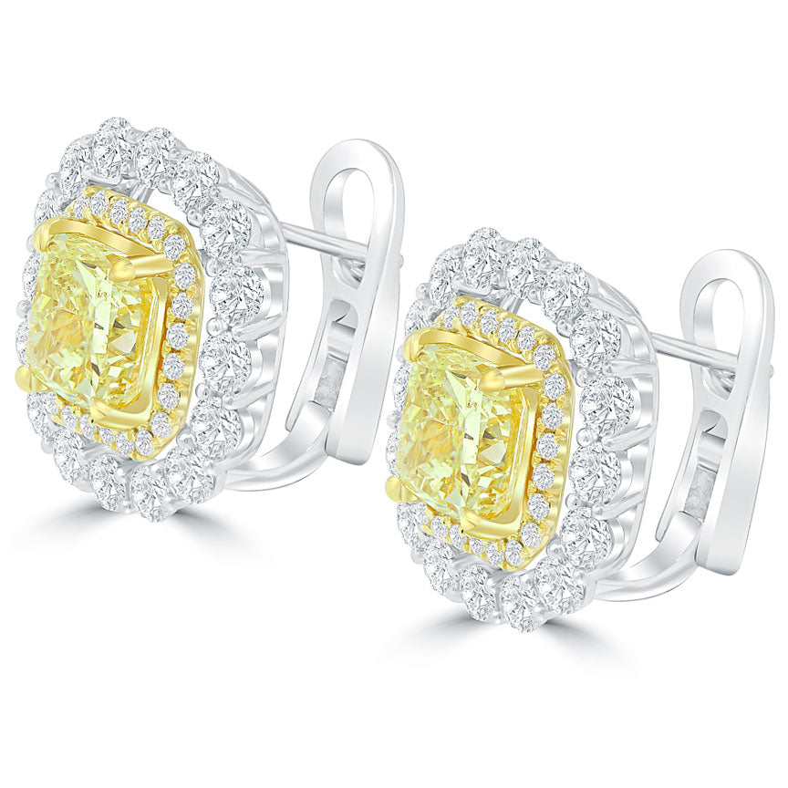 7.75 Carat Natural Fancy Yellow Cushion Cut Diamond Clip On Earrings 18k Gold