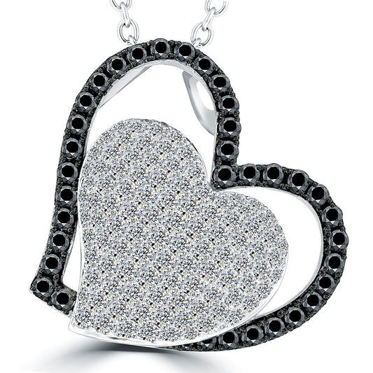 2.10 Carat Black & White Diamond Puffed Heart Pendant Necklace in 14k White Gold