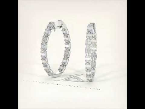 2.55 Carat Large inside out Emerald Cut Cluster Diamond hoop earrings 14k White Gold
