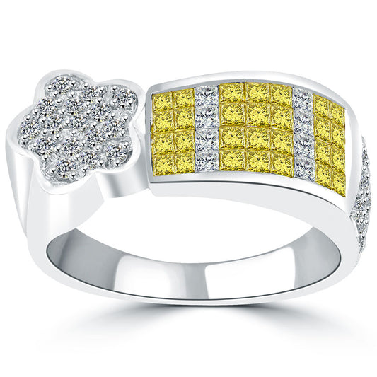 1.50 Carat Fancy Yellow & White Diamond Cocktail Fashion Ring 18k White Gold