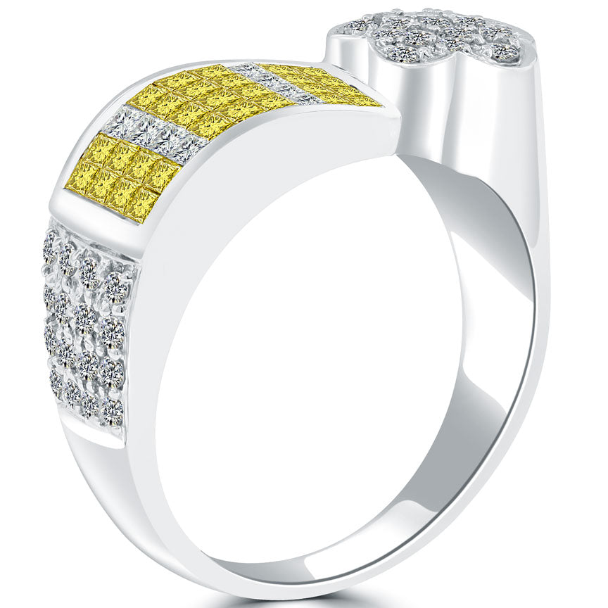 1.50 Carat Fancy Yellow & White Diamond Cocktail Fashion Ring 18k White Gold