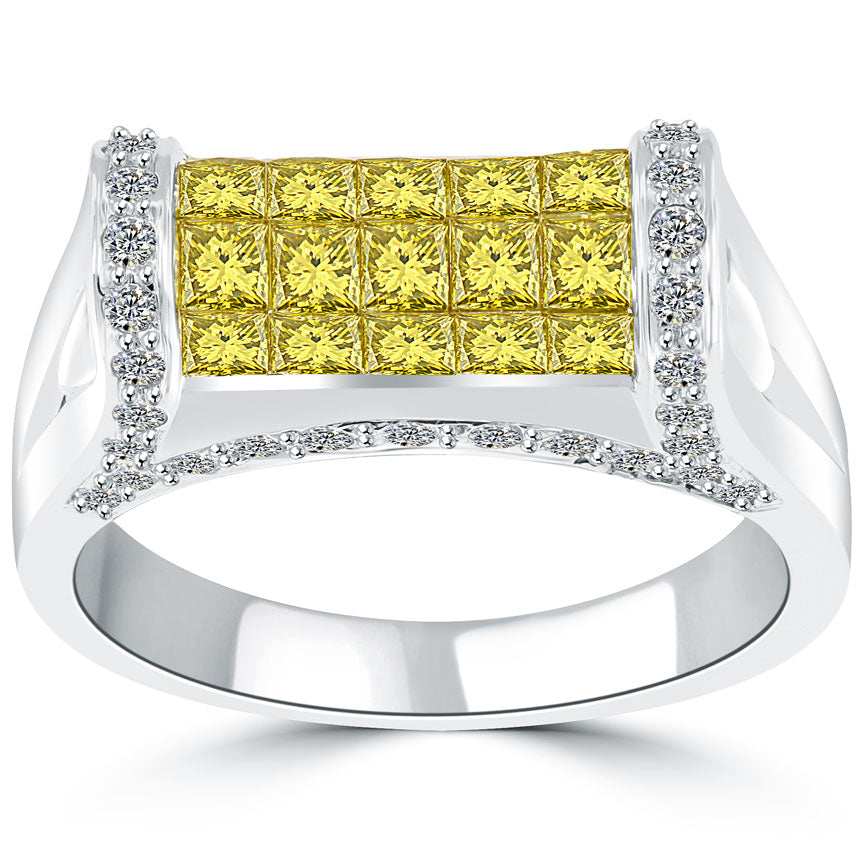 1.50ctw Fancy Yellow & White Natural Diamond Cocktail Fashion Ring 14k White Gold