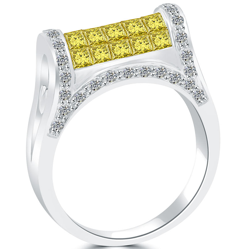 1.50 Carat Fancy Yellow & White Diamond Cocktail Fashion Ring 14k White Gold