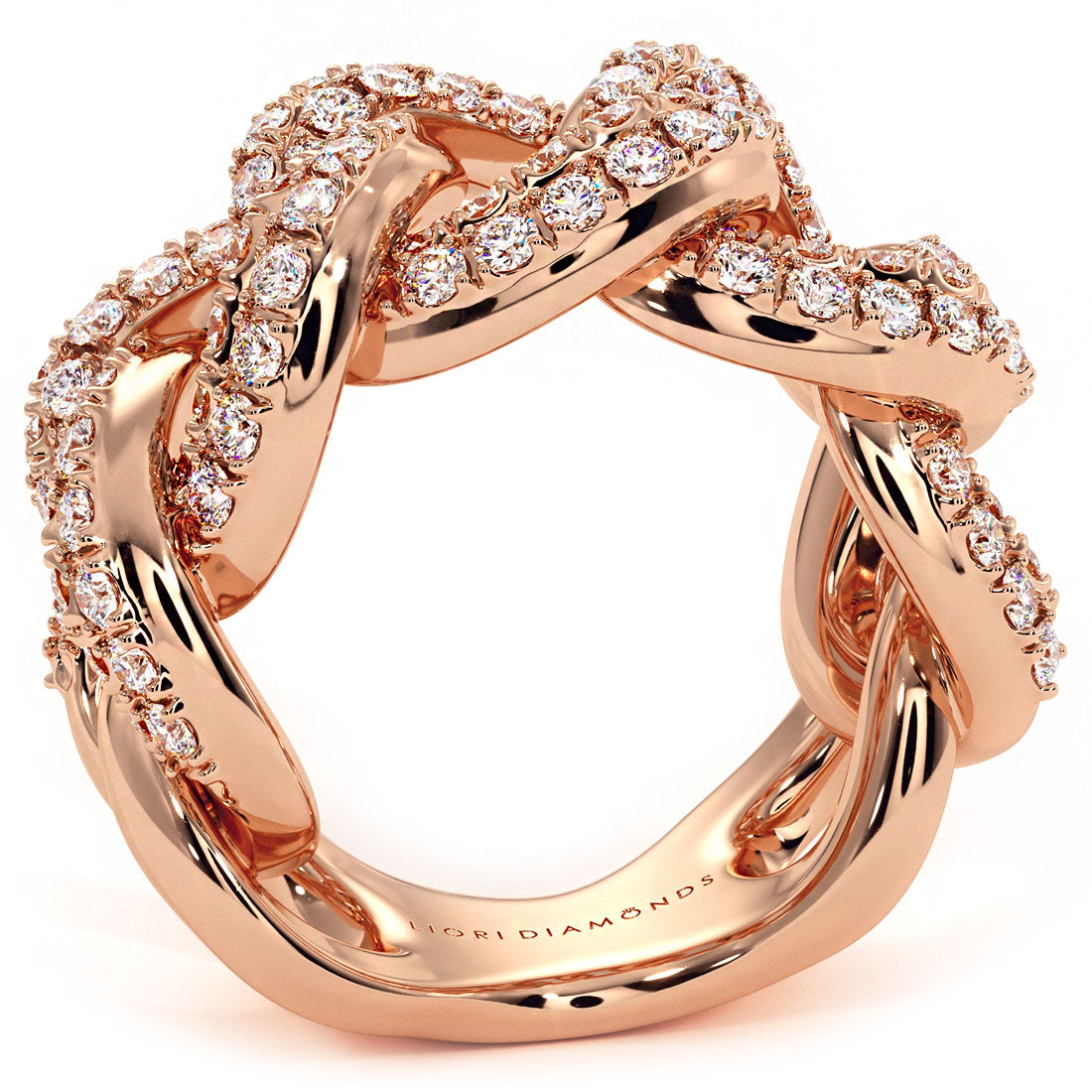 2.06 Carat F-VS Pave Cuban Link Diamond Ring 14k Rose Gold