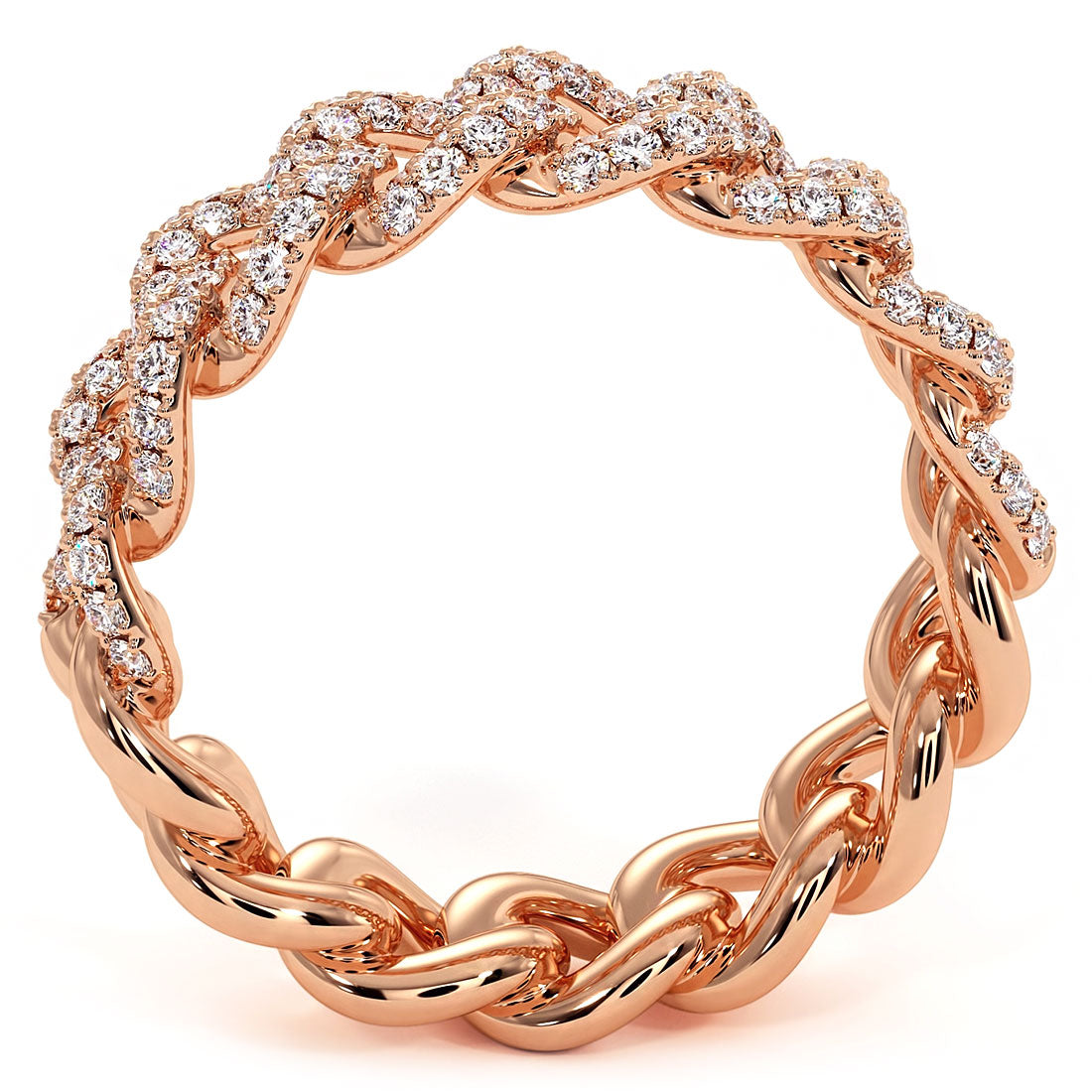 0.91 Carat F-VS Pave Cuban Link Diamond Ring 14k Rose Gold