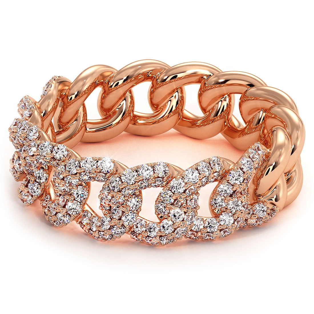 0.91 Carat F-VS Pave Cuban Link Diamond Ring 14k Rose Gold