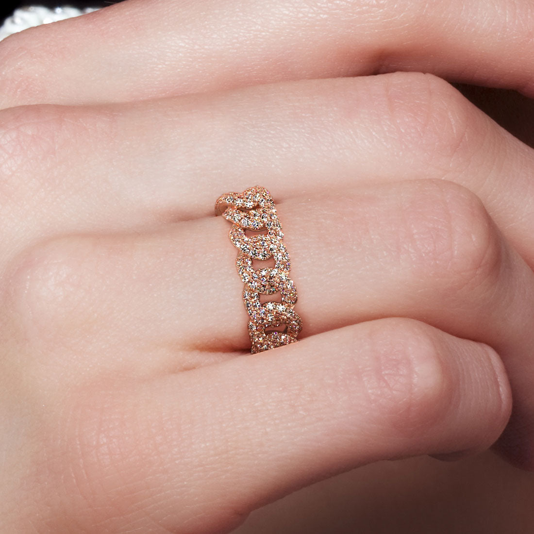 0.91 Carat F-VS Pave Cuban Link Diamond Ring 14k Rose Gold