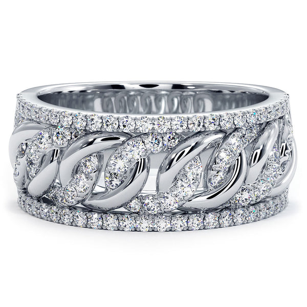 0.53 Carat F-VS Pave Cuban Link Diamond Ring 14k White Gold
