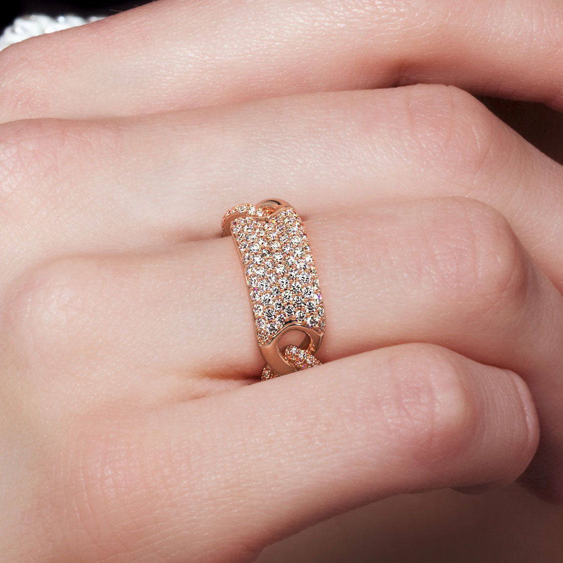 0.95 Carat F-VS Pave Cuban Link Diamond Ring 14k Rose Gold