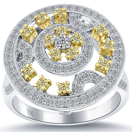 1.05 Carat Fancy Yellow & White Diamond Cocktail Fashion Ring 18k White Gold
