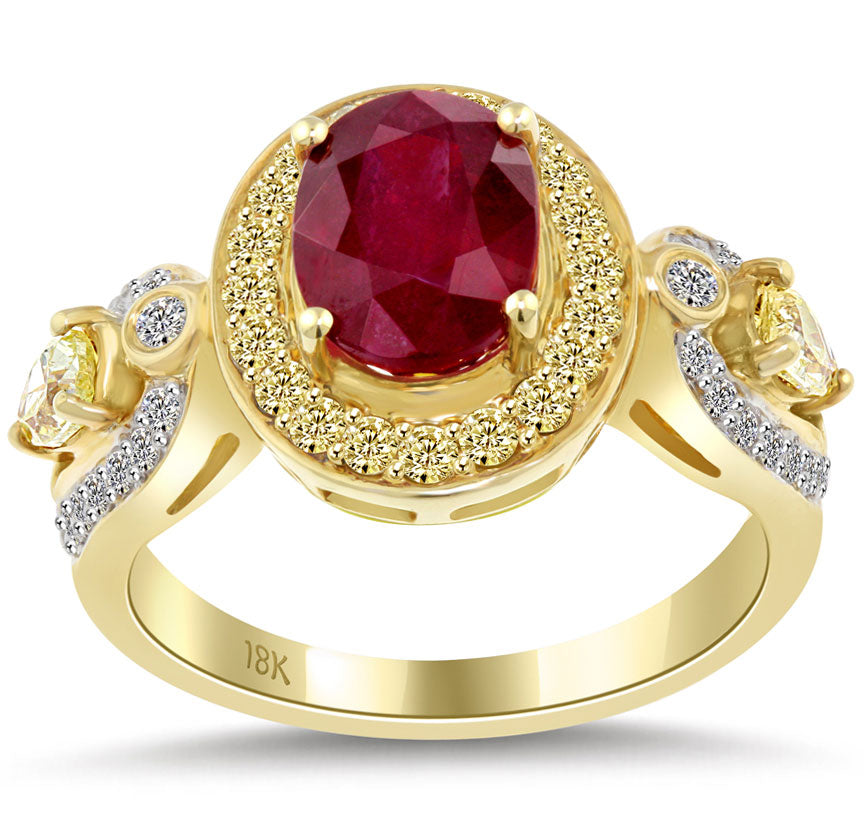 3.32 Carat Genuine Ruby & Yellow Diamond Cocktail Fashion Ring 18k Yellow Gold