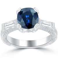 4.05 Carat Natural Blue Sapphire & White Diamond Engagement Ring 14k White Gold