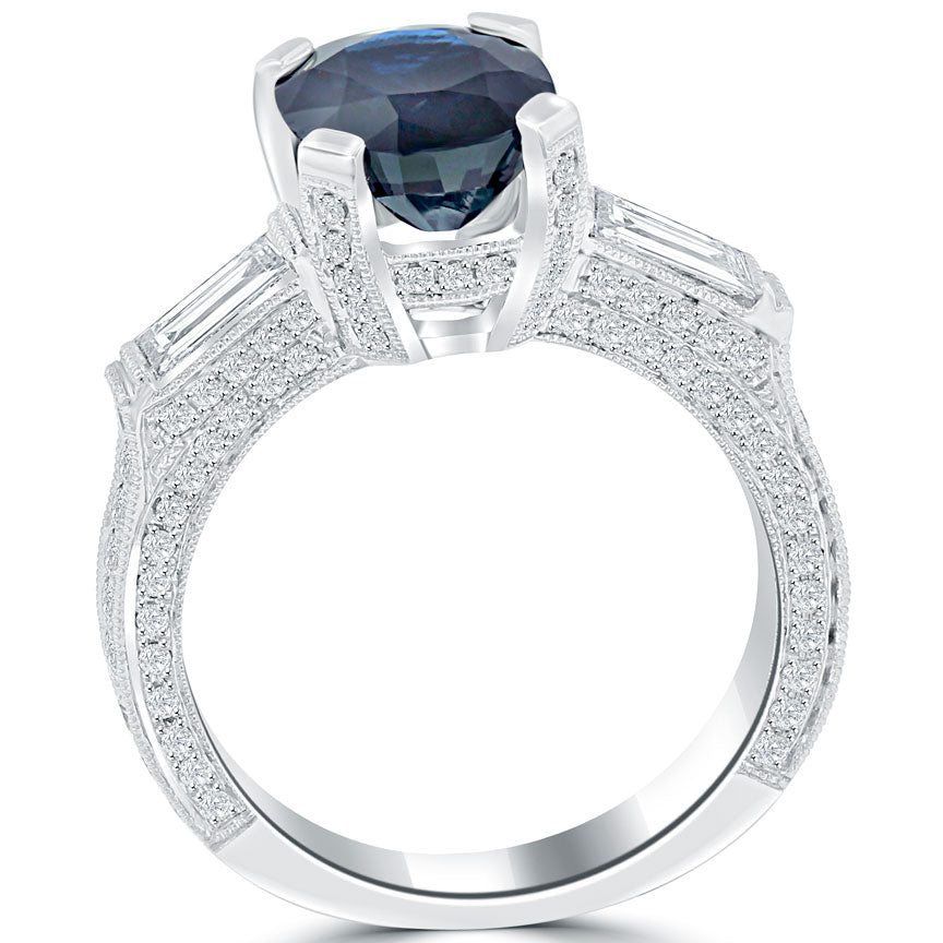 4.05 Carat Natural Blue Sapphire & White Diamond Engagement Ring 14k White Gold