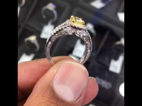 FD-133 - 1.25 Carat Fancy Yellow Cushion Cut Diamond Engagement Ring 14k Vintage Style