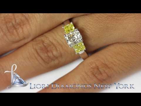 ER-1048 - 2.52 Carat Fancy Yellow & White Radiant Cut Three Stone Diamond Engagement Ring