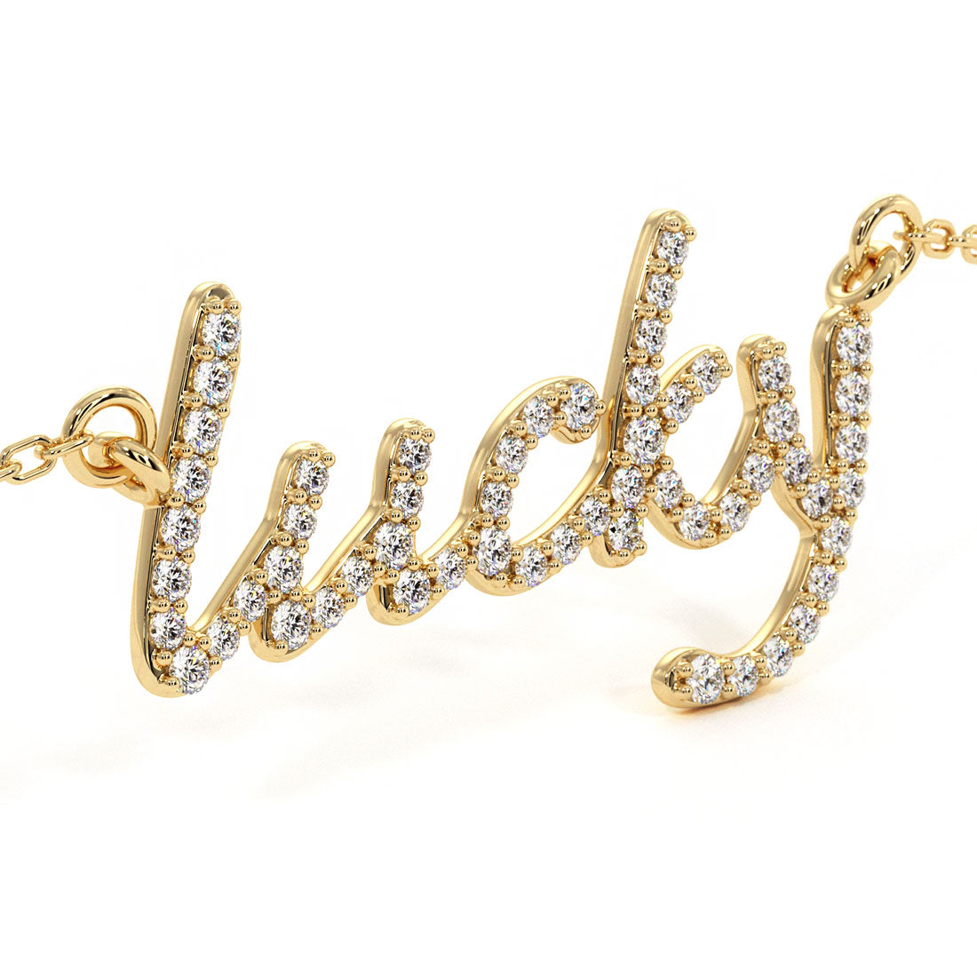 0.30ct Natural Diamond "Lucky" Word Charm Pendant Necklace Pave 14k Yellow Gold