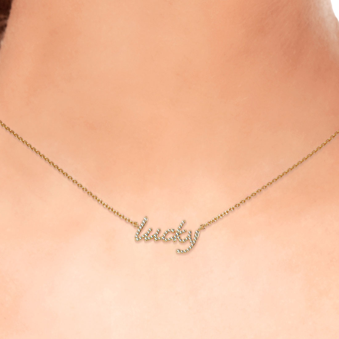 0.30ct Natural Diamond "Lucky" Word Charm Pendant Necklace Pave 14k Yellow Gold