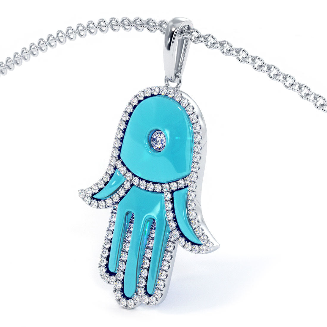 0.44 Carat Diamond Hamsa Hand of fatima Evil Eye Charm Pendant 18k White Gold