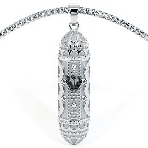 14K White Gold Mezuzah Diamond Pendant Judaica Charm Pendant