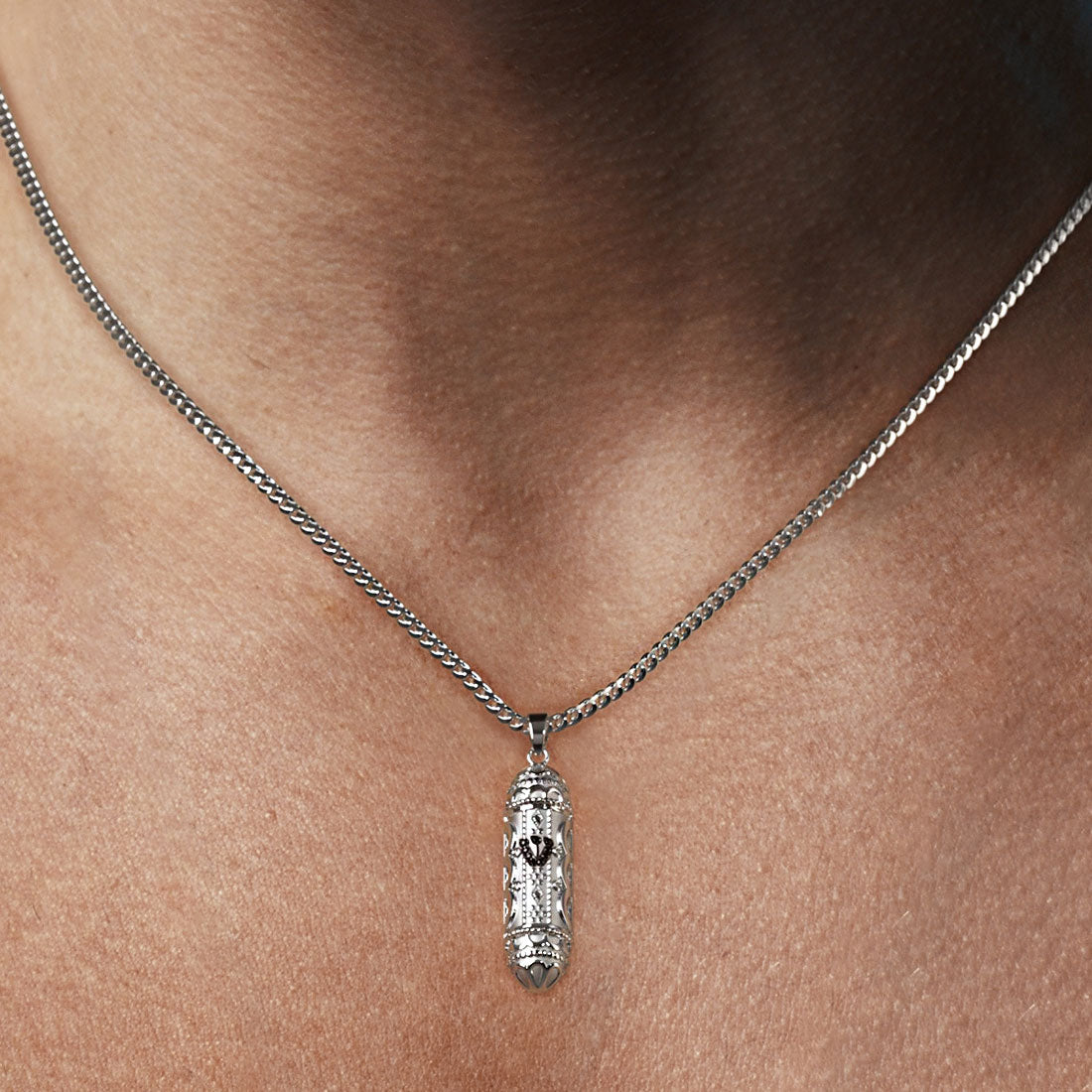 14K White Gold Mezuzah Diamond Pendant Judaica Charm Pendant