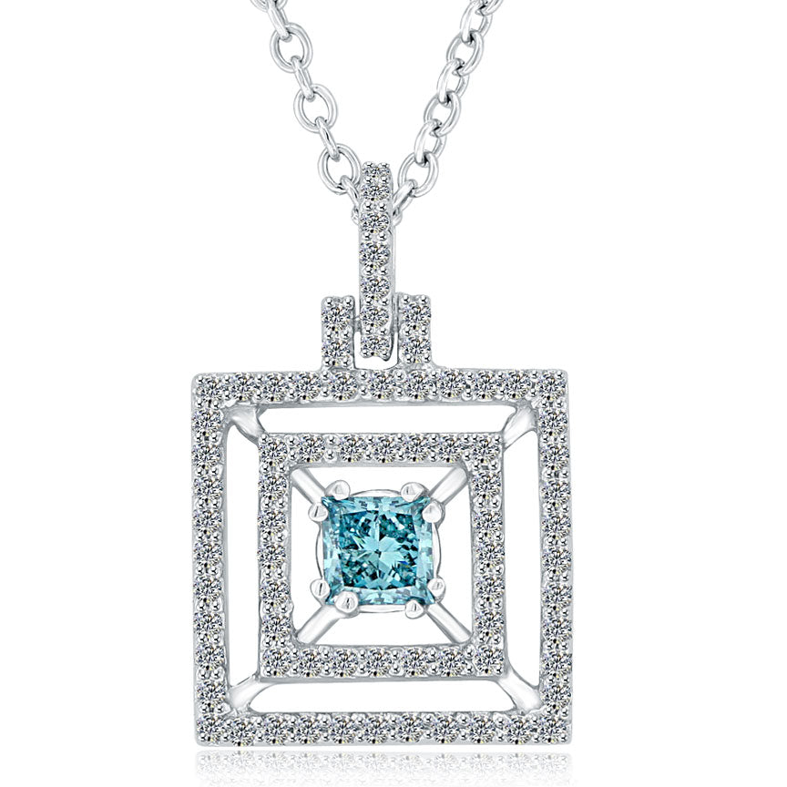 1.30 Carat Fancy Blue Diamond Princess Cut Pendant Necklace 18k White Gold