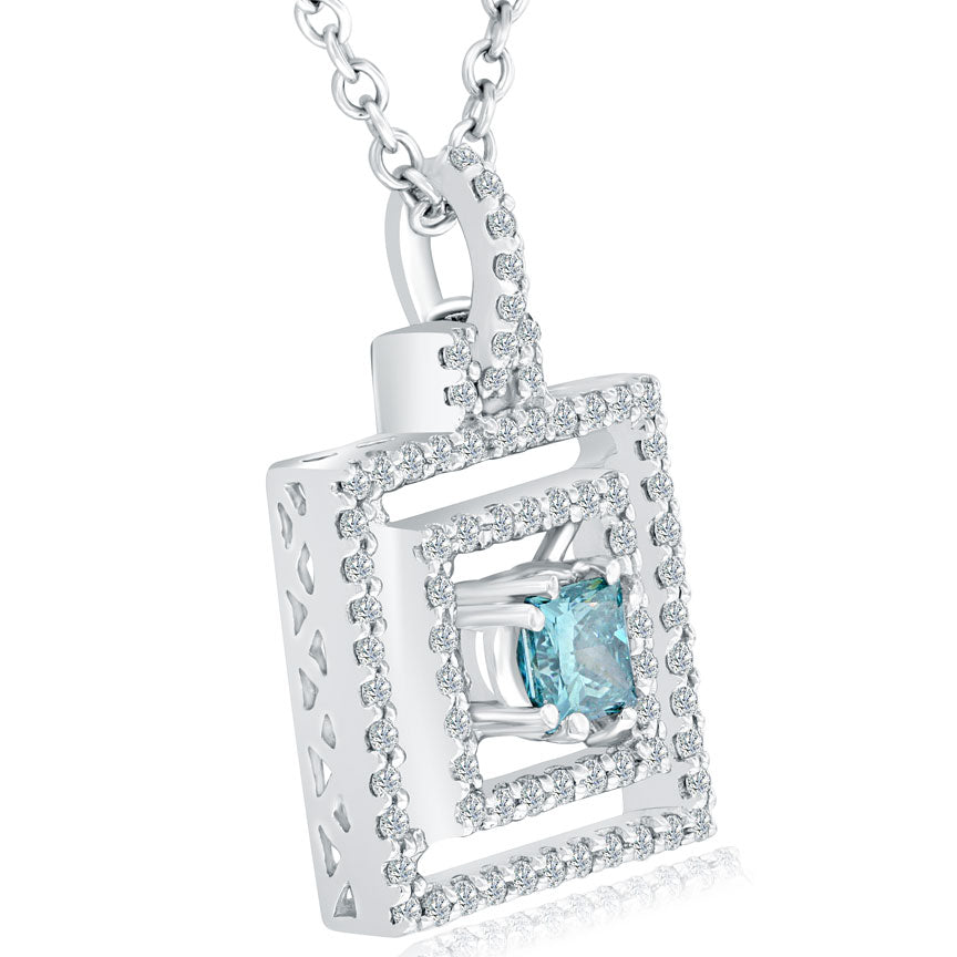 1.30 Carat Fancy Blue Diamond Princess Cut Pendant Necklace 18k White Gold