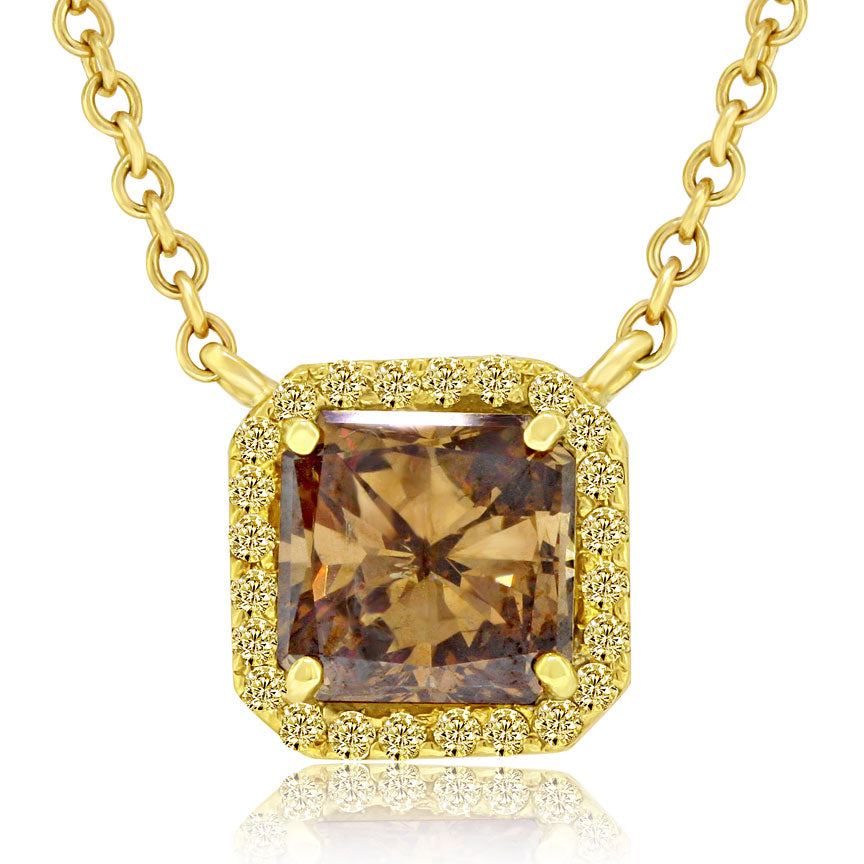 2.55 Ct. Fancy Cognac Brown Radiant Cut Diamond Pendant Necklace 18k Yellow  Gold