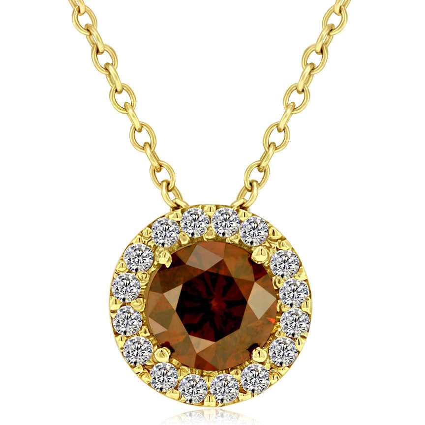 3.83 Carat Fancy Red Cognac Round Cut Diamond Pendant Necklace 14k Yellow Gold