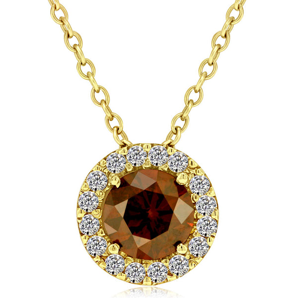 3.83 Carat Fancy Red Cognac Round Cut Diamond Pendant Necklace 18k Yellow Gold