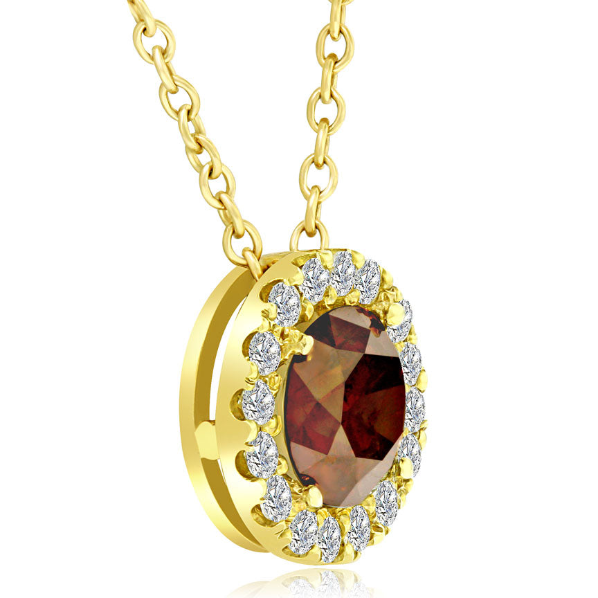 3.83 Carat Fancy Red Cognac Round Cut Diamond Pendant Necklace 18k Yellow Gold