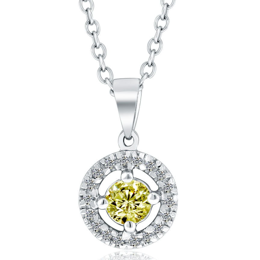 0.97 Carat Fancy Yellow Diamond Pendant Necklace 18k White Gold Pave Halo