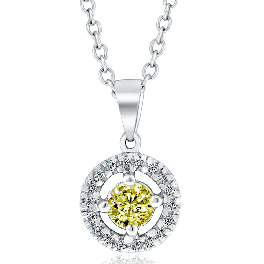 1.03 Carat Fancy Yellow Diamond Pendant Necklace 18k White Gold Pave Halo